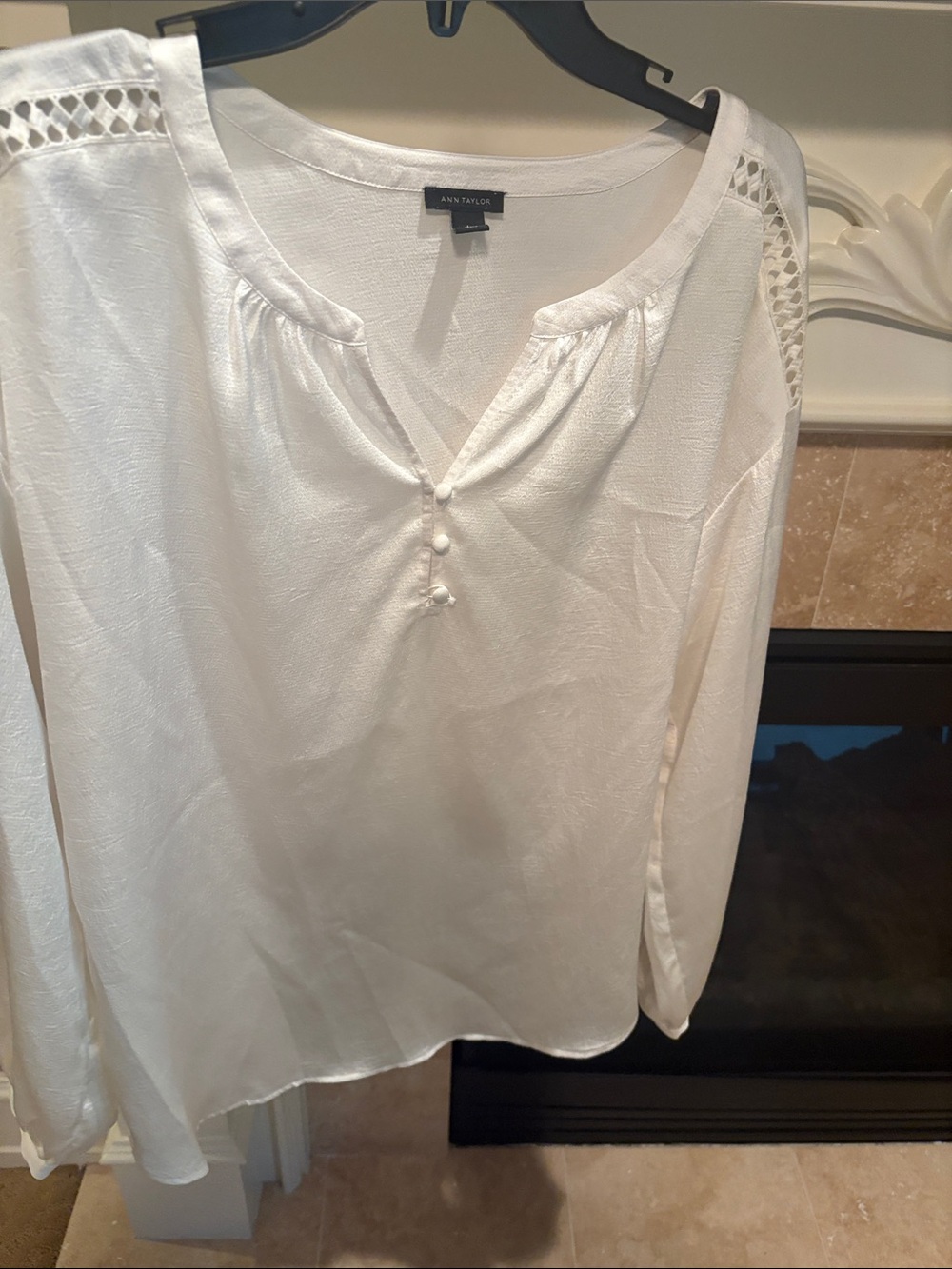 Ann Taylor White Long-Sleeve Lace-Shoulder Henley Blouse